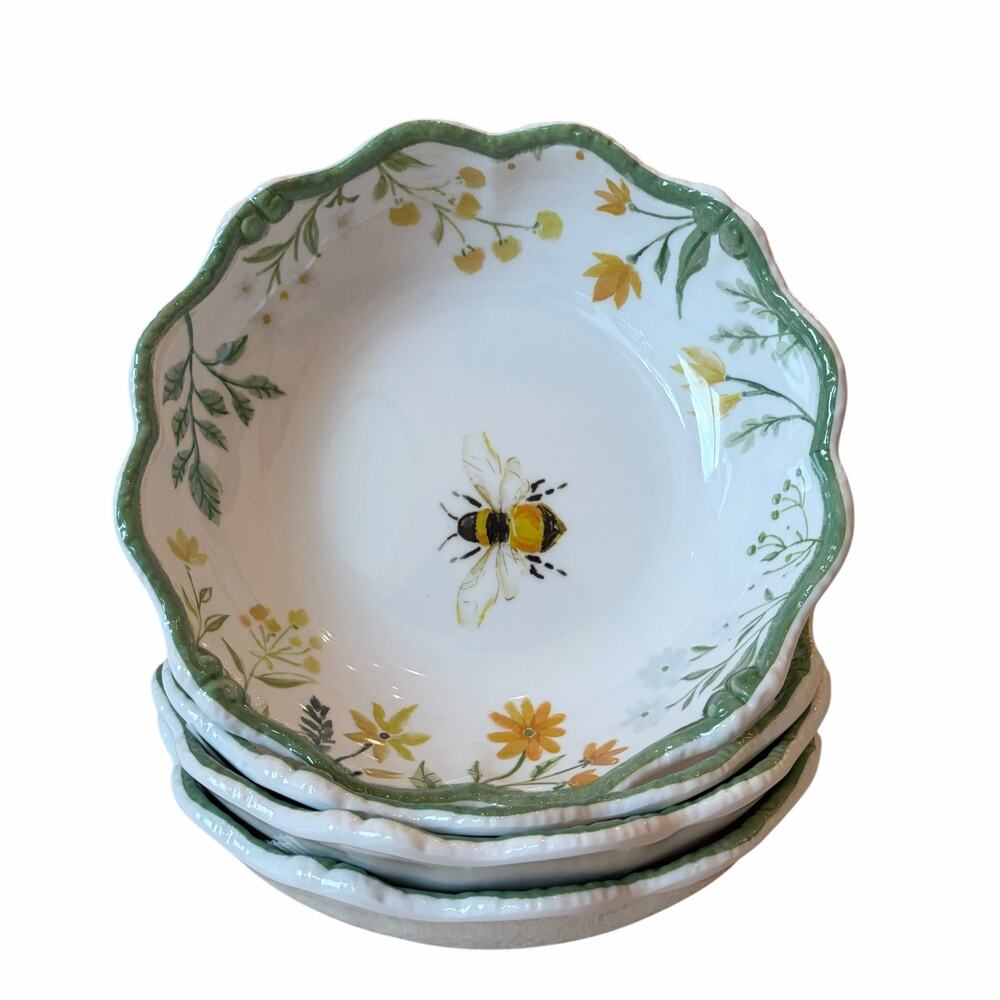 4pc Soho Loft Floral Bumblebee Melamine Salad Bowls 7.5" Scalloped NEW